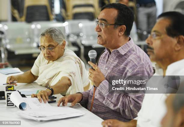 Former Chief Minister of Delhi Sheila Dikshit and DPCC President Ajay Maken during the press conference at DPCC office Rajiv Bhawan, on March 29,...