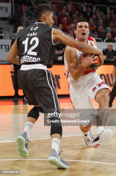 Andrea Cianciarini, #20 of AX Armani Exchange Olimpia Milan competes with Maodo Lo, #12 of Brose Bamberg in action during the 2017/2018 Turkish...