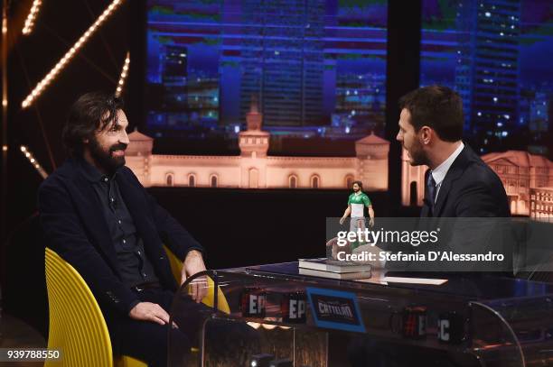 Andrea Pirlo and Alessandro Cattelan attend E poi c'e' Cattelan TV Show on March 29, 2018 in Milan, Italy.