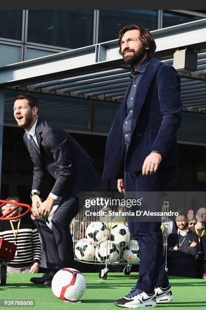 Alessandro Cattelan and Andrea Pirlo attend E poi c'e' Cattelan TV Show on March 29, 2018 in Milan, Italy.