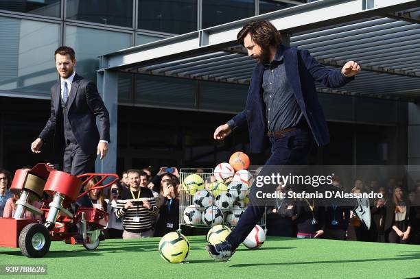 Alessandro Cattelan and Andrea Pirlo attend E poi c'e' Cattelan TV Show on March 29, 2018 in Milan, Italy.