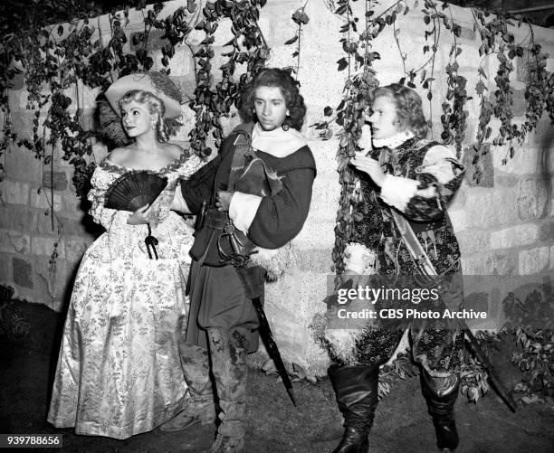 Television sitcom, The Many Loves of Dobie Gillis, episode: Greater Love Hath No Man. Left to right, Diane Jergens also in role as Roxane, Bob Denver...