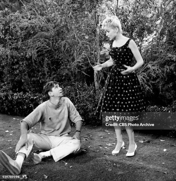 Television sitcom, The Many Loves of Dobie Gillis, episode: Greater Love Hath No Man. Pictured is from left is Bob Denver and Diane Jergens . Episode...