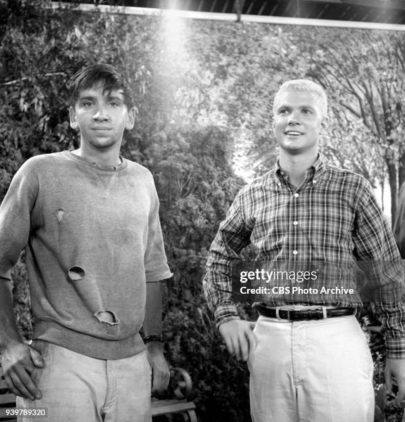 Television sitcom, The Many Loves of Dobie Gillis, episode: Greater Love Hath No Man. Pictured is from left is Bob Denver and Dwayne Hickman ....