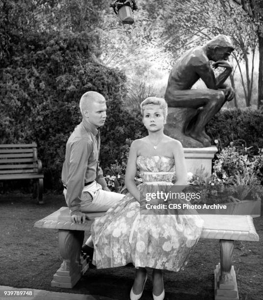 Television sitcom, The Many Loves of Dobie Gillis, episode: Greater Love Hath No Man. Pictured from left is Dwayne Hickman and Diane Jergens ....