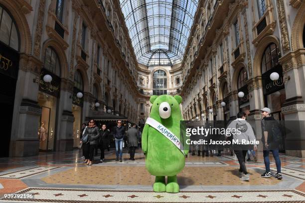 Kaspersky Lab green bear Midori Kuma is seen around town in Milan, during his world tour dedicated to raising children's awareness on cybersecurity...