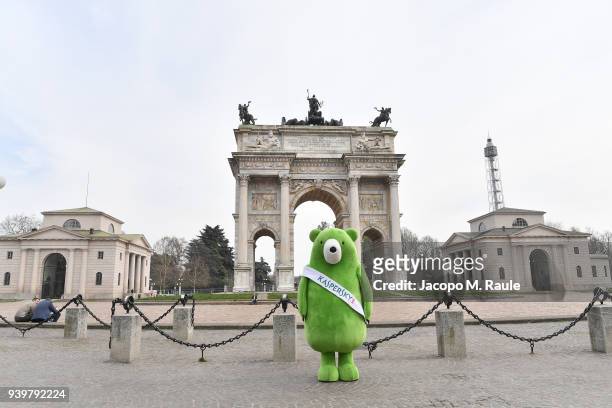 Kaspersky Lab green bear Midori Kuma is seen around town in Milan, during his world tour dedicated to raising children's awareness on cybersecurity...