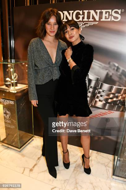 Renee Stewart and Zara Martin attend the Longines & Aurum Record Collection Launch at Watches of Switzerland, Regent Street, on March 29, 2018 in...