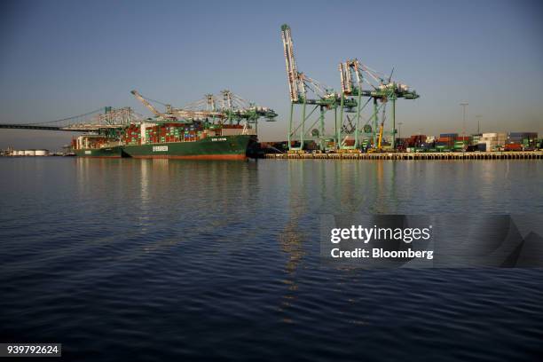 The Evergreen Marine Corp. Ever Smile and Ever Lotus container ships sit docked at the Port of Los Angeles in Los Angeles, California, U.S., on...