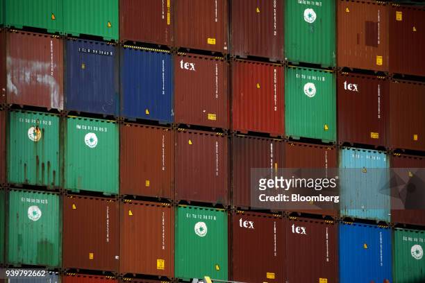 Shipping containers sit stacked at the Port of Los Angeles in Los Angeles, California, U.S., on Wednesday, March 28, 2018. Long-only exchange-traded...
