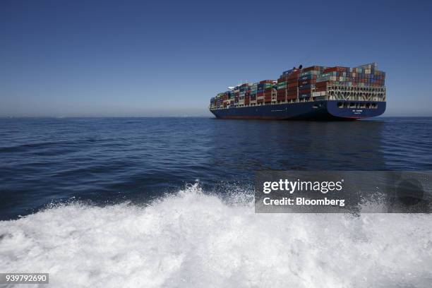 The APL Danube container ship approaches the Port of Los Angeles in Los Angeles, California, U.S., on Wednesday, March 28, 2018....