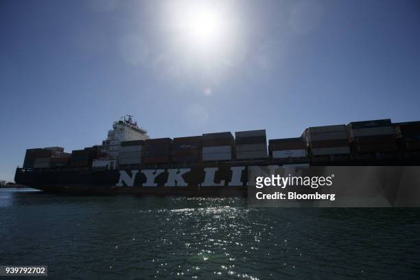 The NYK Demeter container ship approaches the Port of Los Angeles in Los Angeles, California, U.S., on Wednesday, March 28, 2018....