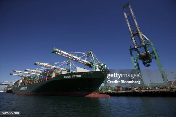 The Evergreen Marine Corp. Ever Lotus container ship sits docked at the Port of Los Angeles in Los Angeles, California, U.S., on Wednesday, March 28,...