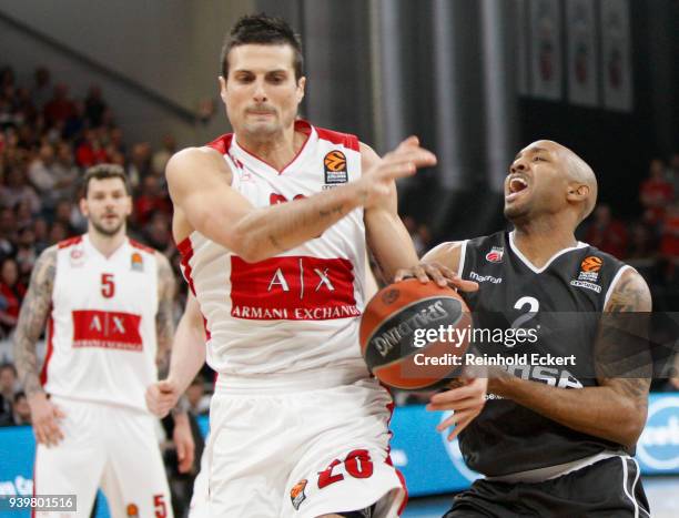 Andrea Cianciarini, #20 of AX Armani Exchange Olimpia Milan competes with Ricky Hickman, #2 of Brose Bamberg in action during the 2017/2018 Turkish...