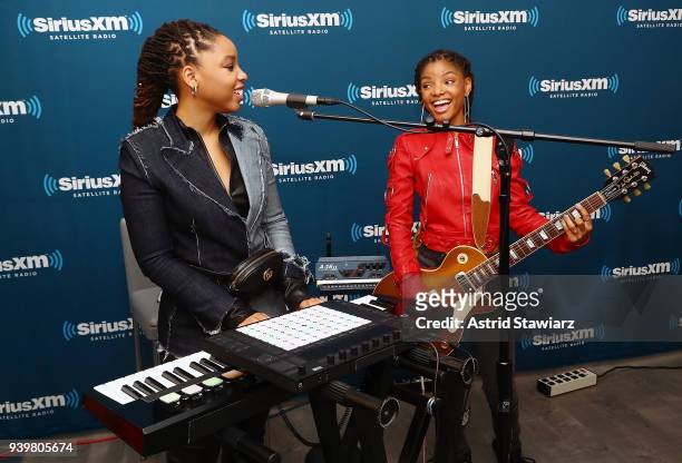 Musicians Chloe Bailey and Halle Bailey of Chloe x Halle perform at the SiriusXM Studios on March 29, 2018 in New York City.