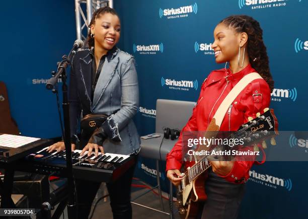 Musicians Chloe Bailey and Halle Bailey of Chloe x Halle perform at the SiriusXM Studios on March 29, 2018 in New York City.