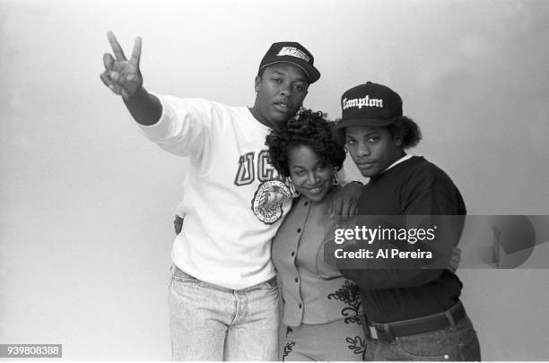 Michel'le appears with Dr. Dre and Eazy-E in a portrait taken on December 8, 1989 in New York City. .