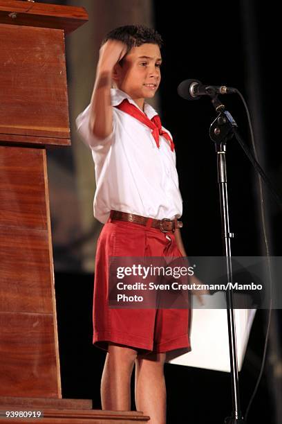 Elian Gonzalez talks during a political act celebrating the 5th anniversary of the day when Elian Gonzalez was released by INS Special Forces to be...