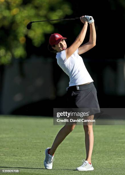 Albane Valenzuela of Switzerland plays her second shot on the par 5, second hole during the first round of the 2018 ANA Inspiration on the Dinah...