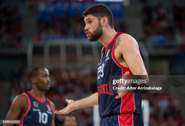 Patricio Garino, #29 of Baskonia Vitoria Gasteiz reacts during the 2017/2018 Turkish Airlines EuroLeague Regular Season Round 29 game between...