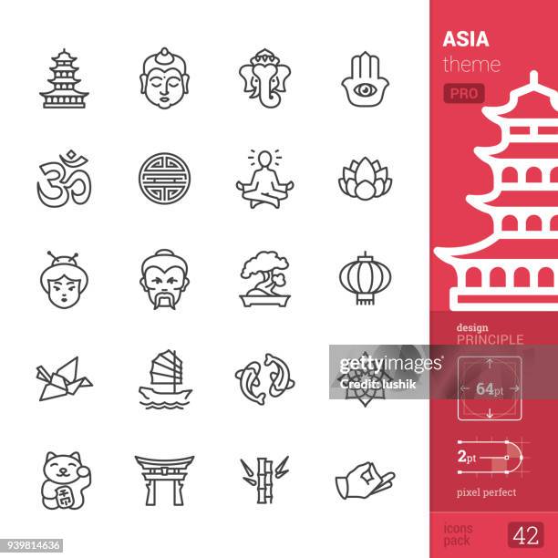 asien kultur, umriss ikonen - pro-pack - japanischer abstammung stock-grafiken, -clipart, -cartoons und -symbole