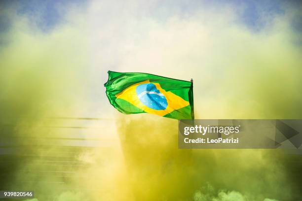 brasilianischen fans beobachten und unterstützen ihr team am wettbewerb fußball weltliga - brasilianische-flagge stock-fotos und bilder
