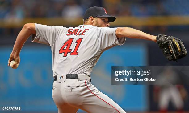 Boston Red Sox starting pitcher Chris Sale fires a first inning pitch. The Boston Red Sox visit the Tampa Bay Rays for Opening Day of the 2018 MLB...