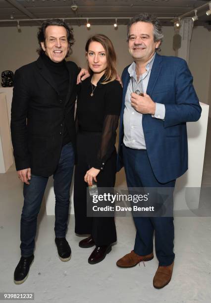 Stephen Webster, Amy Webster and Mark Hix attend a private view of Art Wars East at Hix Art on March 29, 2018 in London, England.