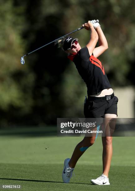 Nicole Broch Larsen of Denmark plays her second shot on the par 5, second hole during the first round of the 2018 ANA Inspiration on the Dinah Shore...