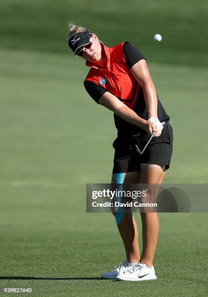 Nicole Broch Larsen of Denmark plays her third shot on the par 5, second hole during the first round of the 2018 ANA Inspiration on the Dinah Shore...