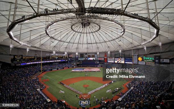 General view during a game between the Tampa Bay Rays and the Boston Red Sox on Opening Day at Tropicana Field on March 29, 2018 in St Petersburg,...