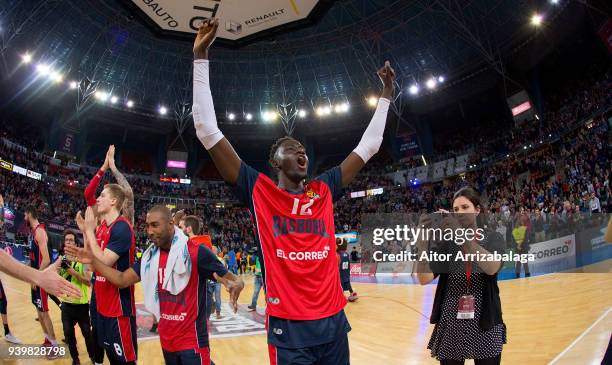 Ilimane Diop, #12 of Baskonia Vitoria Gasteiz celebrates during the 2017/2018 Turkish Airlines EuroLeague Regular Season Round 29 game between...