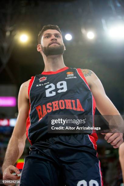 Patricio Garino, #29 of Baskonia Vitoria Gasteiz celebrates during the 2017/2018 Turkish Airlines EuroLeague Regular Season Round 29 game between...