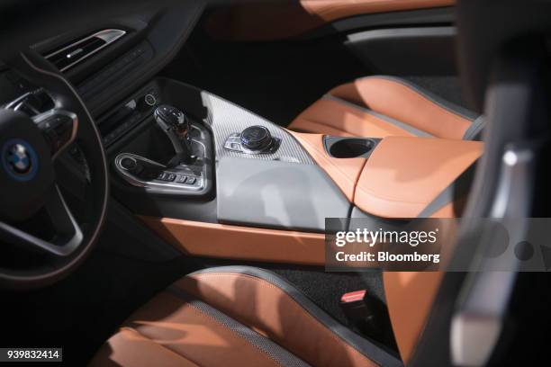 The interior of a Bayerische Motoren Werke AG i8 Coupe vehicle is seen during the 2018 New York International Auto Show in New York, U.S., on...