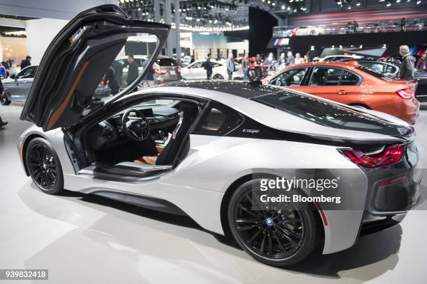 The Bayerische Motoren Werke AG i8 Coupe vehicle is displayed during the 2018 New York International Auto Show in New York, U.S., on Thursday, March...