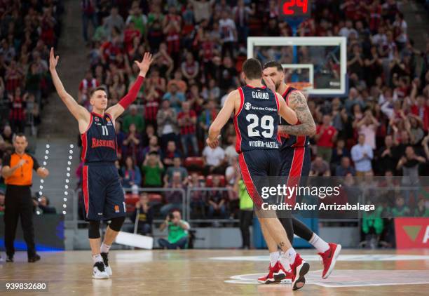 Patricio Garino, #29 of Baskonia Vitoria Gasteiz celebrates during the 2017/2018 Turkish Airlines EuroLeague Regular Season Round 29 game between...