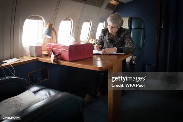 Prime Minister Theresa May flying to Cardiff after visiting Scotland and Northern Ireland during a tour of the four nations of the UK on March 29,...