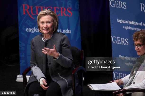 Former Secretary of State and former First Lady Hillary Clinton speaks at Rutgers University, March 29, 2018 in Piscataway, New Jersey. Clinton is...