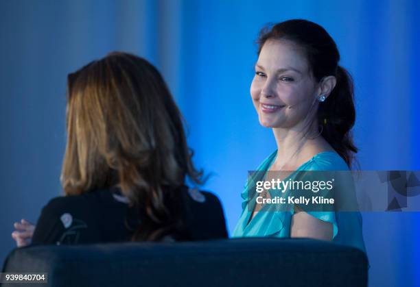 Actress and humanitarian Ashley Judd answers questions from ESPN host Julie Foudy the ANA Inspiring Women in Sports Conference at Mission Hills...