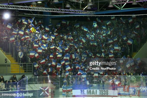Fans of Adler Mannheim during the DEL Playoff semifinal match 1 between EHC Red Bull Munich and Adler Mannheim on March 29th, 2018 in Munich, Germany.