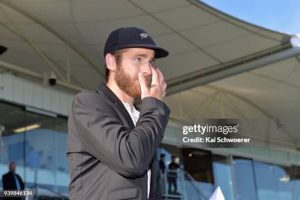 Captain Kane Williamson of New Zealand looks on prior to day one of the Second Test match between New Zealand and England at Hagley Oval on March 30,...