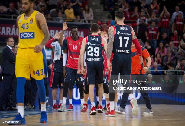 Team Baskonia Vitoria Gasteiz celebrates during the 2017/2018 Turkish Airlines EuroLeague Regular Season Round 29 game between Baskonia Vitoria...