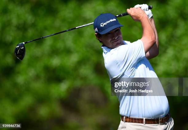 Johnson Wagner plays his shot from the second tee during the first round of the Houston Open at the Golf Club of Houston on March 29, 2018 in Humble,...