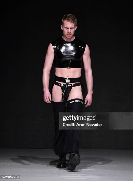 Model walks the runway wearing Not Dead Yet at 2018 Vancouver Fashion Week - Day 7 on March 25, 2018 in Vancouver, Canada.