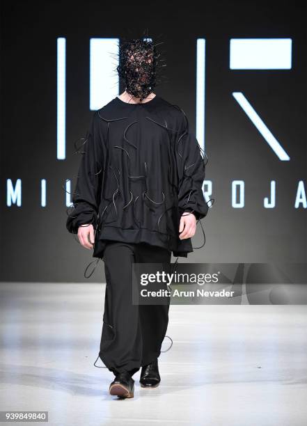 Model walks the runway wearing Milena Rojas at 2018 Vancouver Fashion Week - Day 7 on March 25, 2018 in Vancouver, Canada.