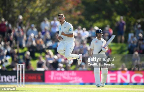 New Zealand bowler Trent Boult celebrates bowling Alastair Cook during day one of the Second Test Match between the New Zealand Black Caps and...