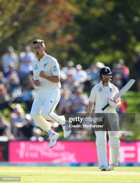 New Zealand bowler Trent Boult celebrates bowling Alastair Cook during day one of the Second Test Match between the New Zealand Black Caps and...