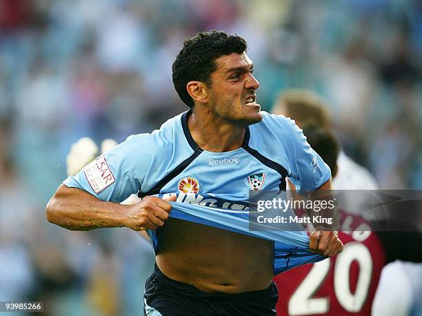 John Aloisi of Sydney celebrates scoring in the first half during the round 17 A-League match between Sydney FC and the North Queensland Fury at...