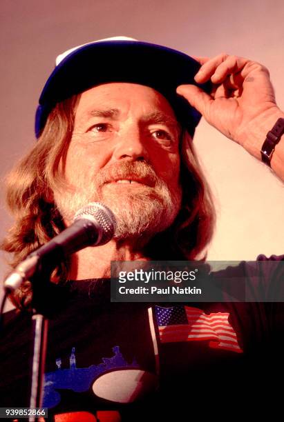 Portrait of country singer Willie Nelson at Memorial Stadium at the University of Illinois - Champaign for the first Farm Aid Concert in Champaign,...