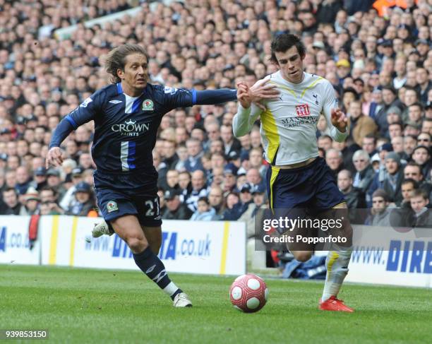 Gareth Bale of Tottenham Hotspur and Michel Salgado of Blackburn Rovers in action during the Barclays Premier League match between Tottenham Hotspur...